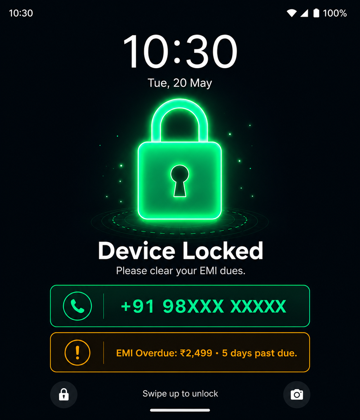 EMI Locker India app showing locked Android phone screen with green lock icon, device locked message, and retailer contact number